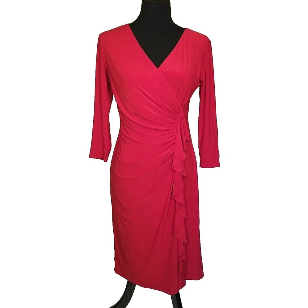 Women's American Living Dress Red Ruffle Mock Wrap 3/4 Sleeve Size 6         T29